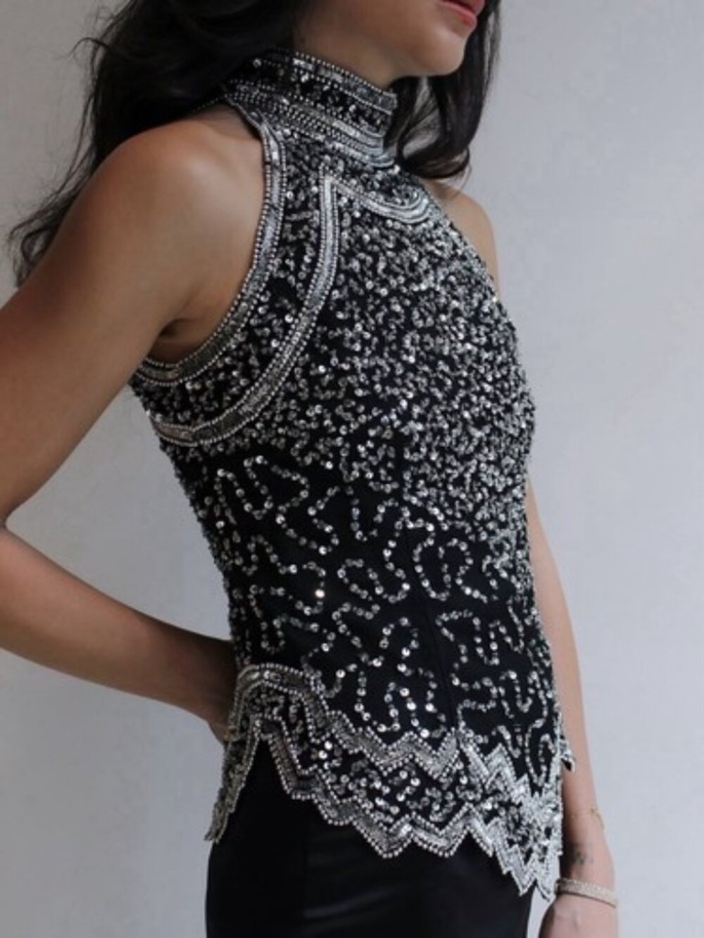Styleworks Vintage 90s Style 100% Silk Black / Silver Sequins and Beads Top